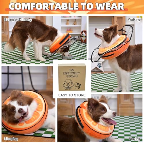Inflatable Dog Cone Collar Alternative After Surgery (Orange with a transparent border / M+ (Neck:13-15in))
