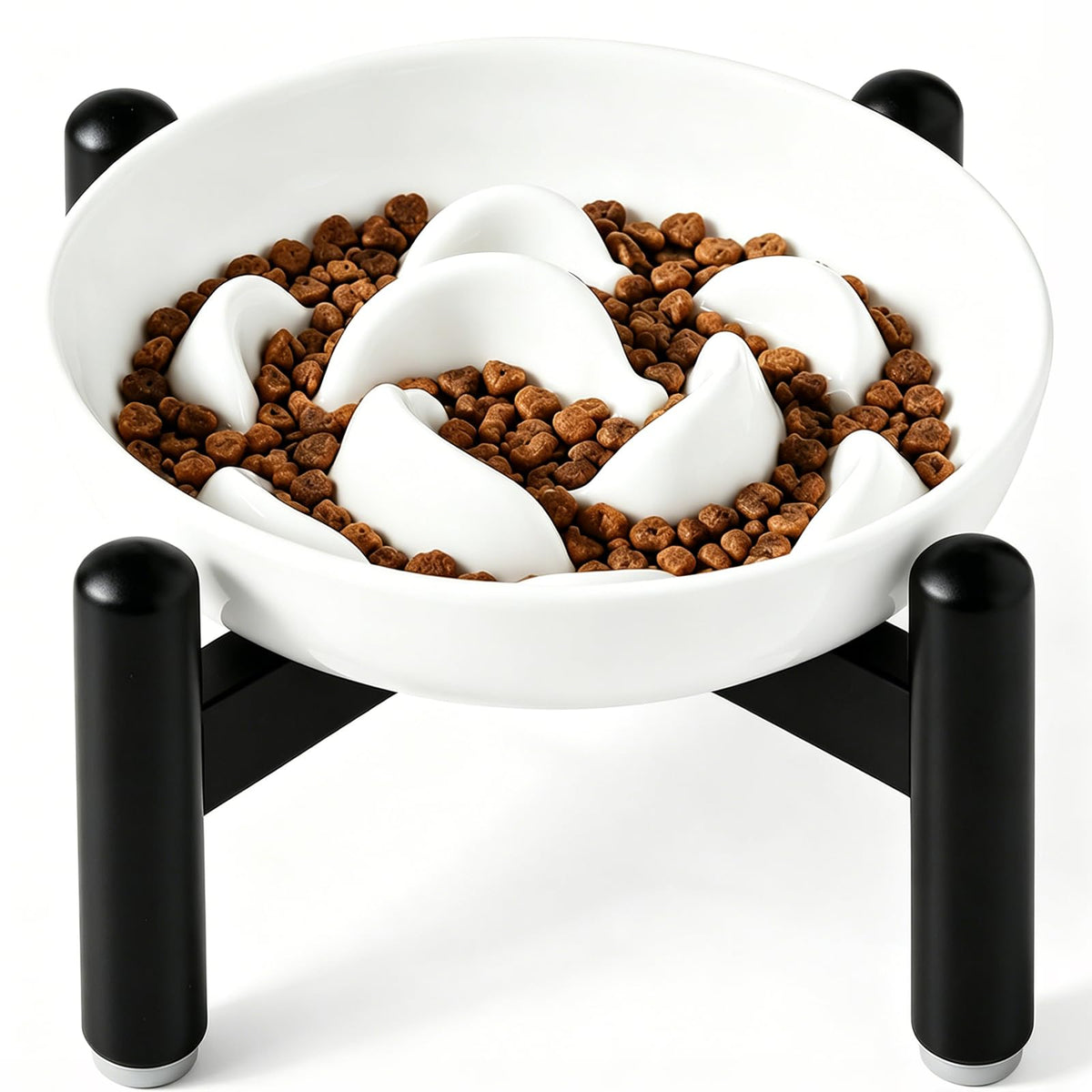 Elevated Slow Feeder Cat Bowl (White + Metal Stand / 9"H)