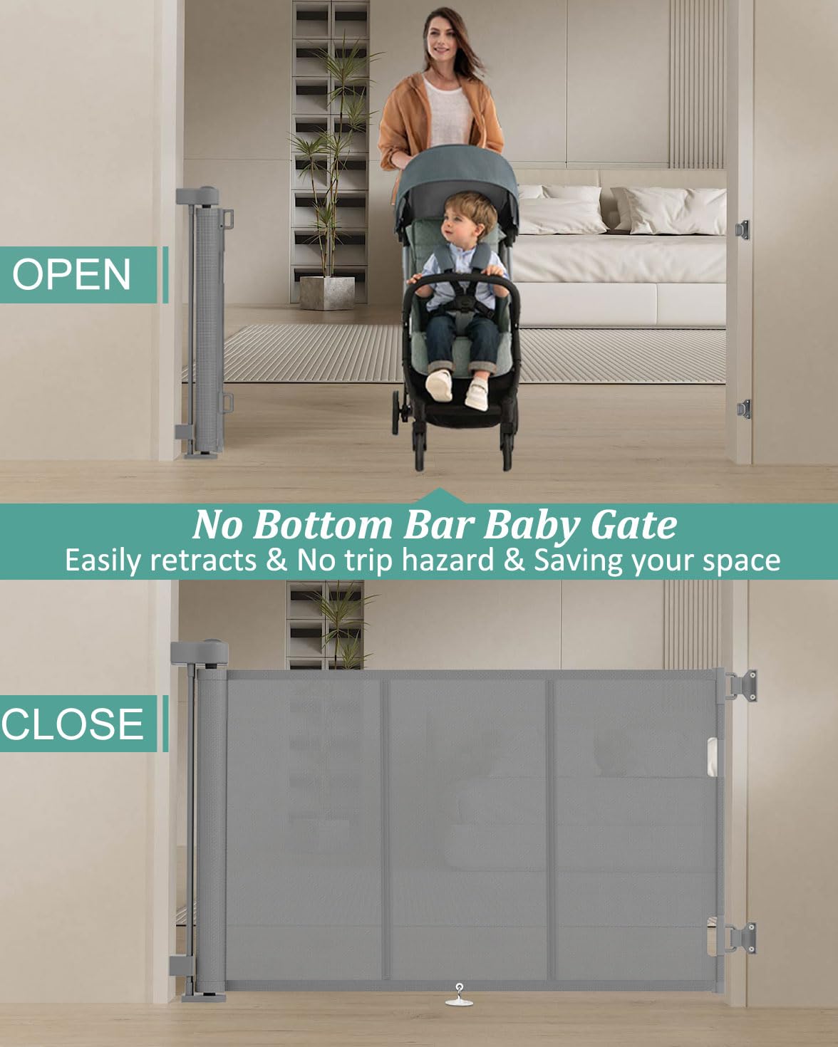 71 inch Reinforced Retractable Baby Gates 34 inch Tall (Gray / 34" Tall x 71" Wide)