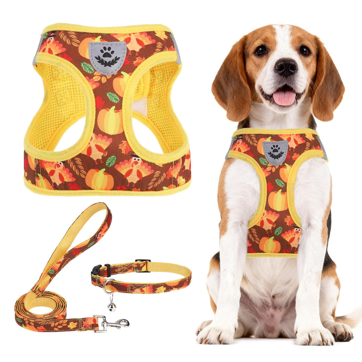 Dog Harness Collar and Leash Set No Pull for Small Medium Sized (Brown&Yellow (Fall) / XL (CHEST 20"-22"))