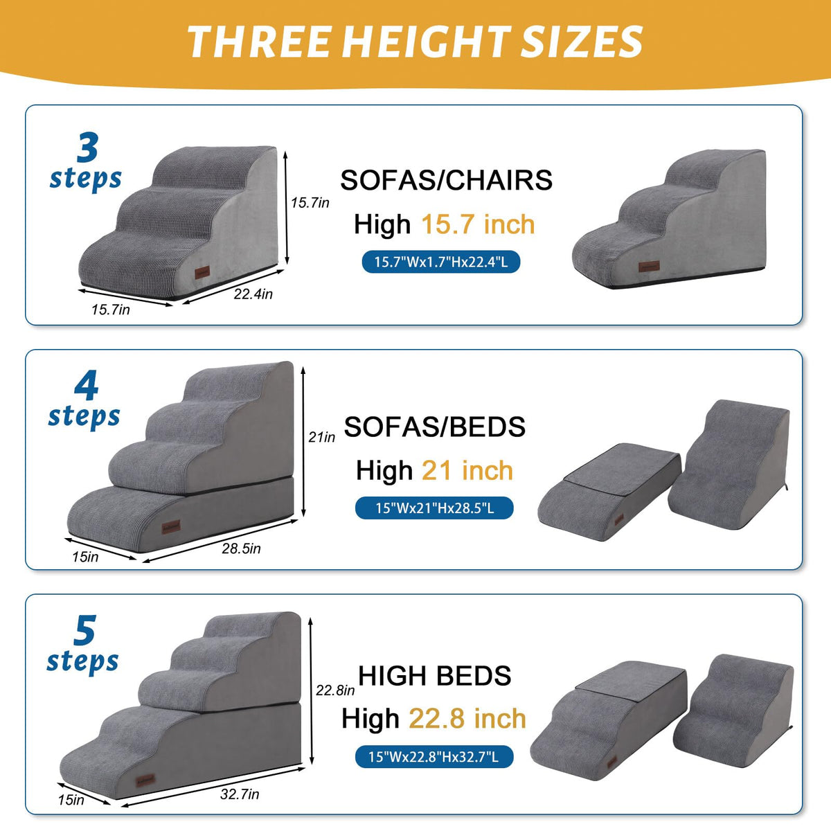 4 Step Dog Stairs and Ramp for Beds or Couch (Grey / Split Design 4-Step 21"H)