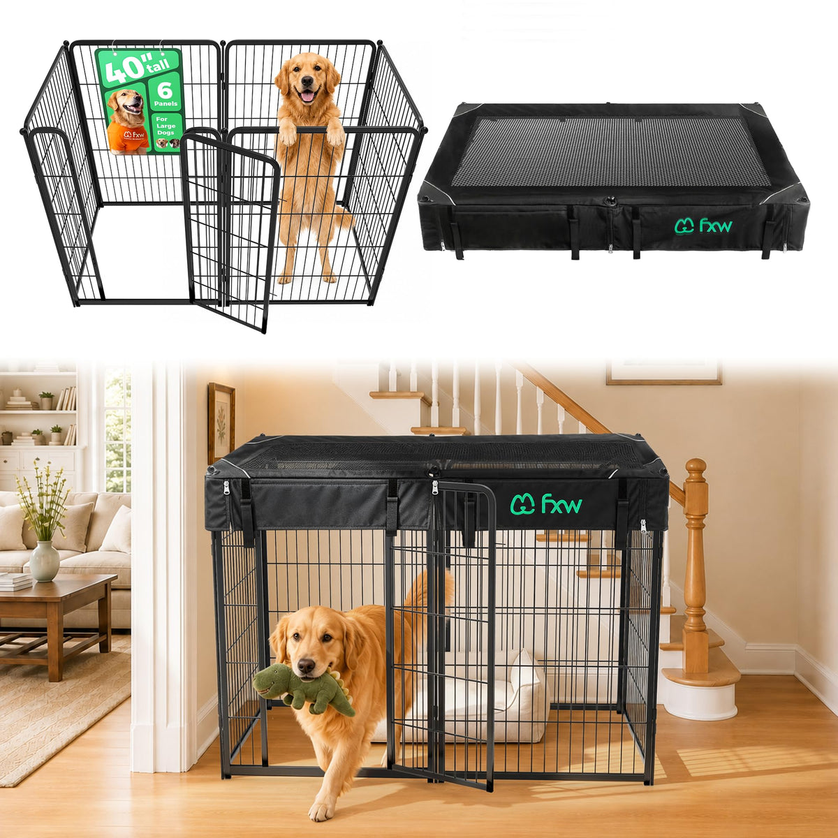 Homeplus Indoor Dog Playpen with Mesh Top Cover (Black / 40"H)