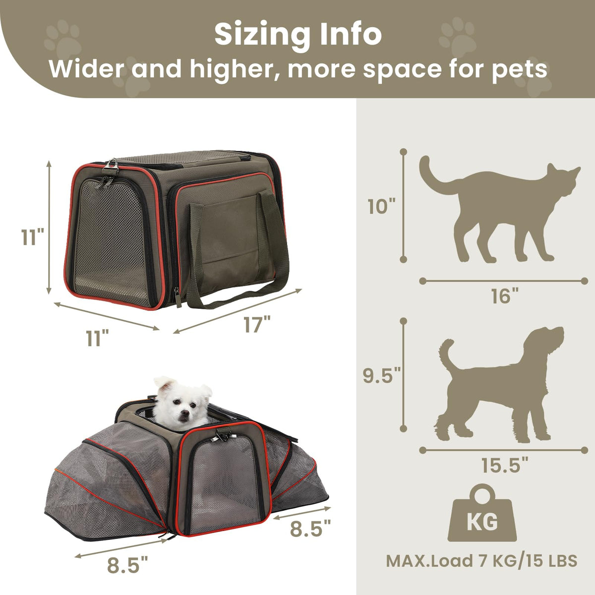 Expandable Cat Dog Carrier for 2 Cats (19"L x 12"W x 12"H / Brown)