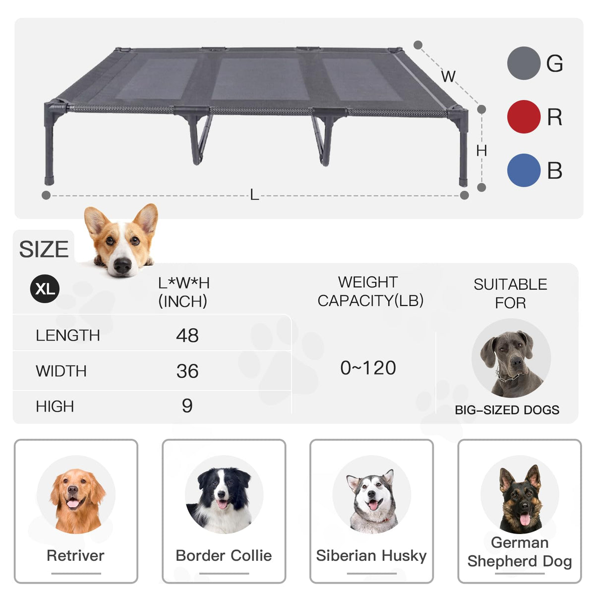 Elevated Dog Bed for Large Dogs 120lb (XL (48"L x 36"W x 9"H) / Grey)