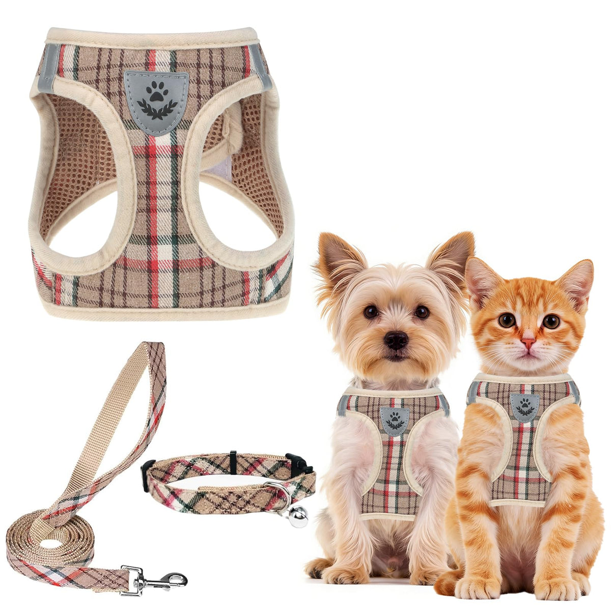 Dog Harness Collar and Leash Set No Pull for Small Medium Sized (Khaki / XS (CHEST 13"-14.5"))