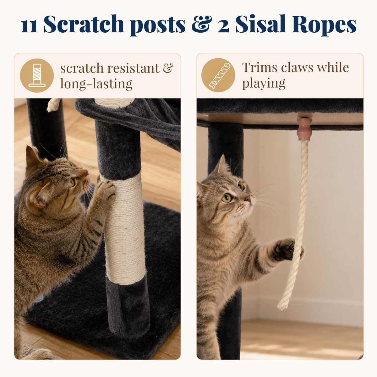 Cat Tree Tower with Stable Extended Base (Smoky Gray / 71.9 Inches)