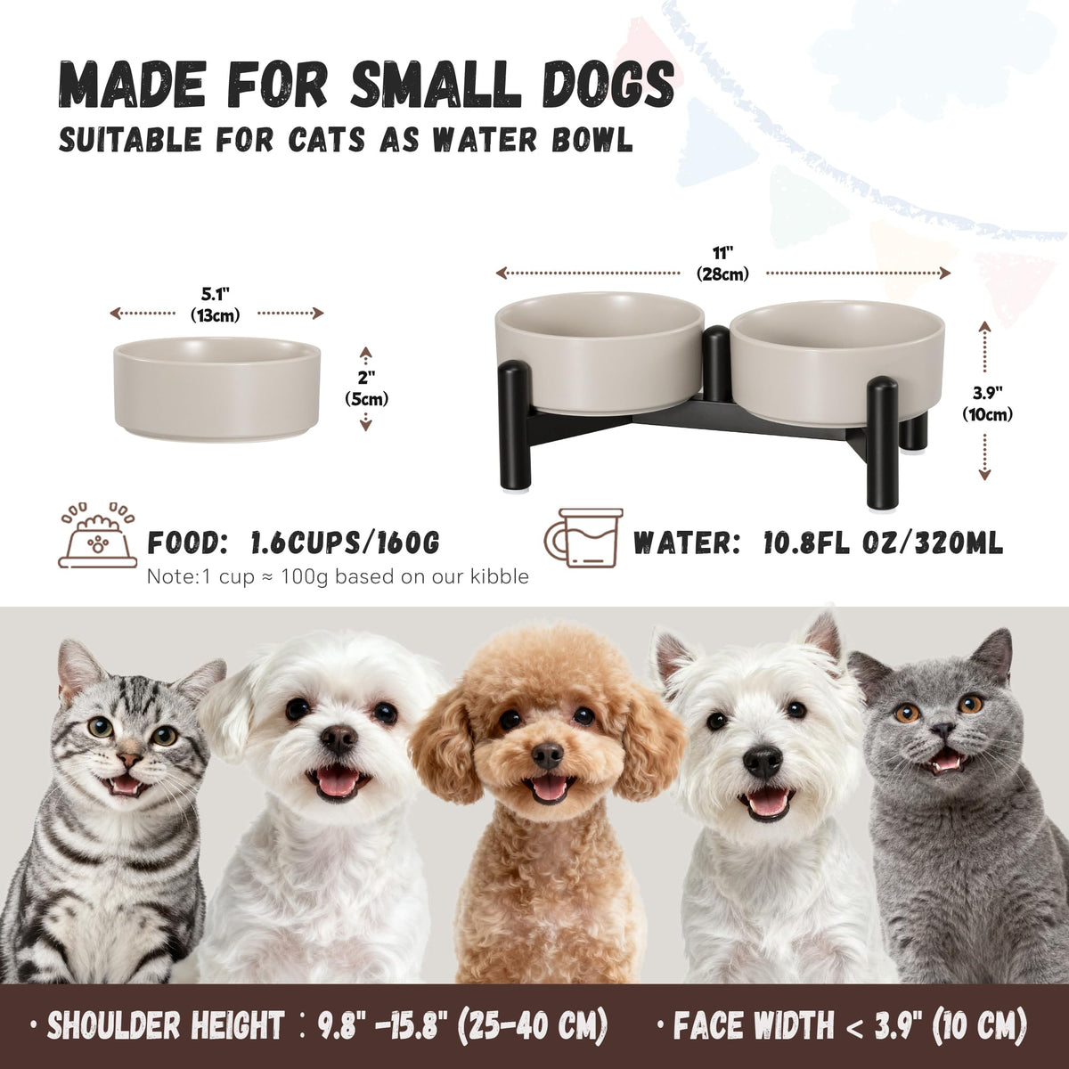 Raised Ceramic Dog Bowl Set with Stand (Light Gray / 2 Bowls - 1.6 Cups Each)