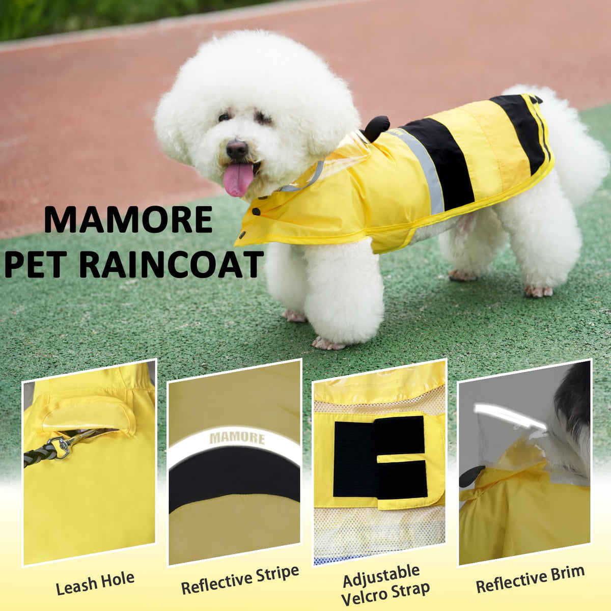 Dog Raincoat Waterproof Reflective Adjustable Hooded Dog Rain Coat with Leash Hole (Yellow Bee / X-Small(4-9lb))