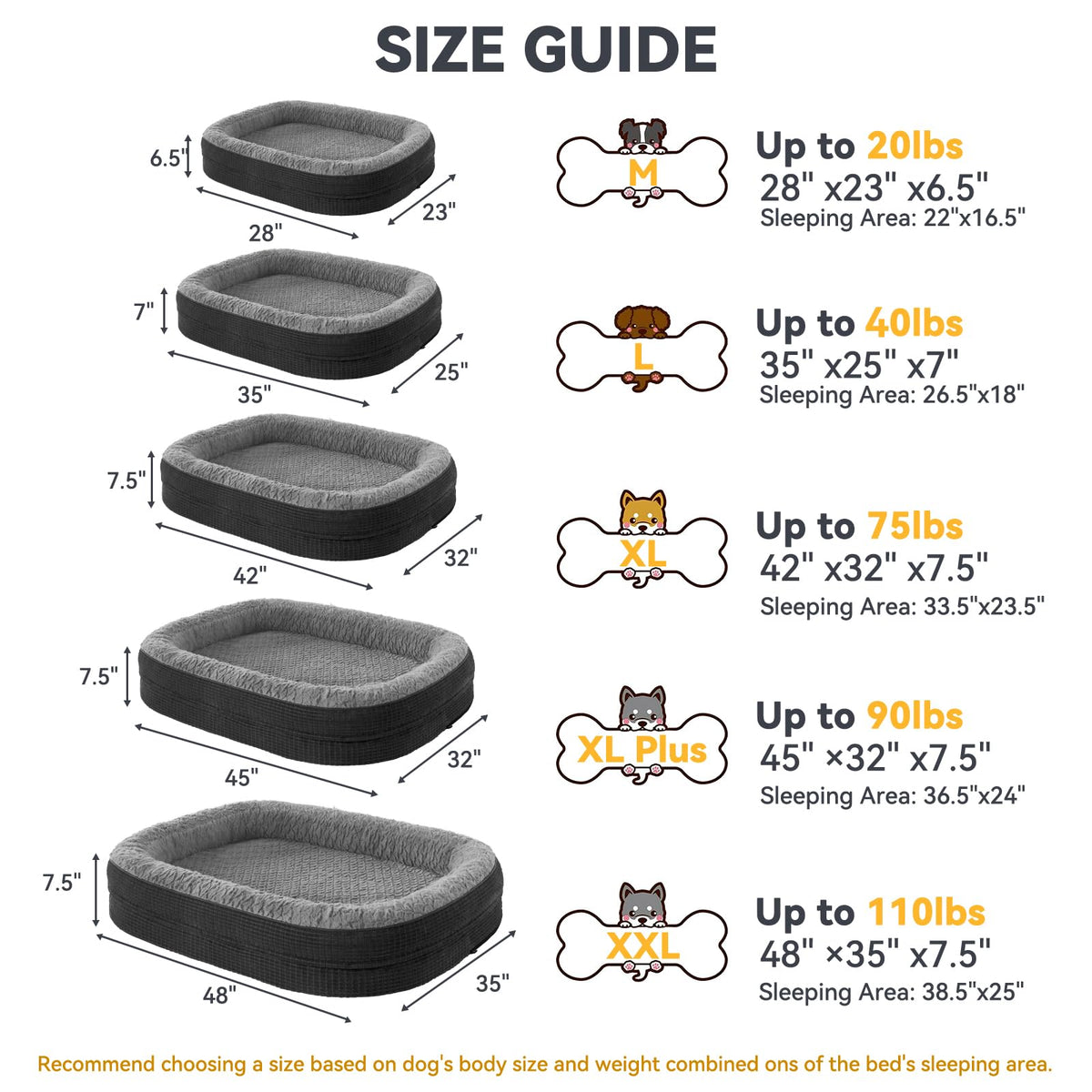 XL Orthopedic Dog Bed for Large Dogs (Black / 45"l X 32"w X 7.5"th)