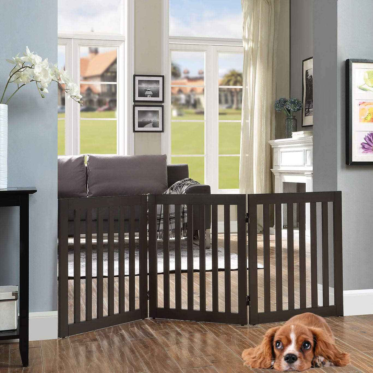 24”H Free Standing Pet Gate for Dog Cat (Espresso / 60"W×24"H)