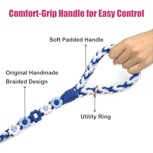 Handmade 5ft Braided Cotton Dog Leash with Unique Floral Handle (Sea Wave)