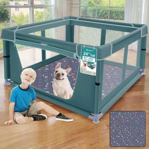 42x42 Inches Puppy Playpen with Dog Pads (Bluish Green / 42x42 IN With Pad)