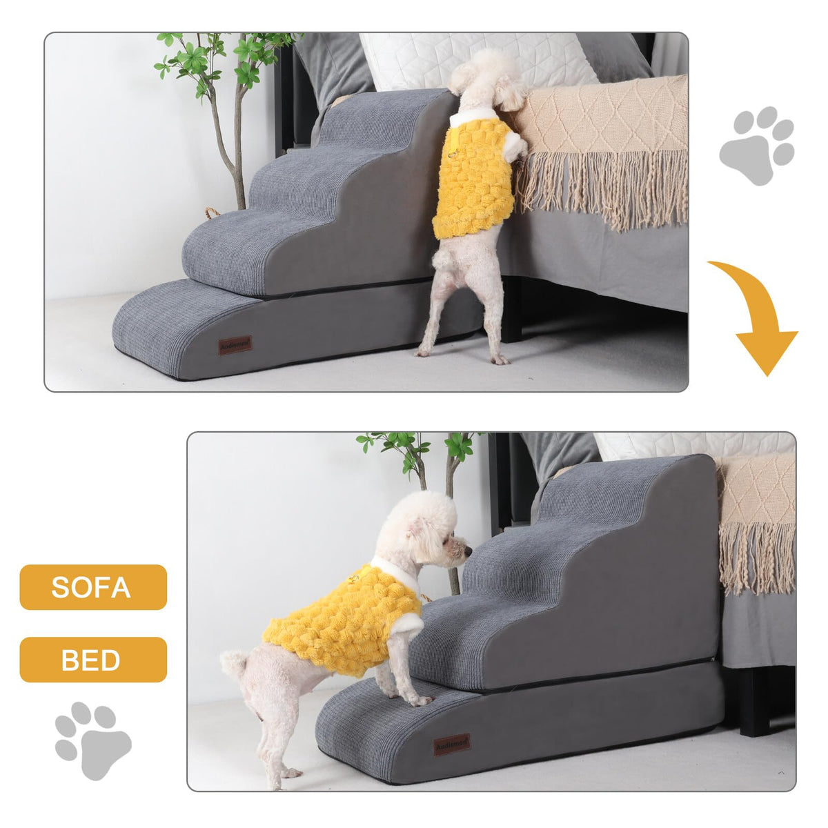4 Step Dog Stairs and Ramp for Beds or Couch (Grey / Split Design 4-Step 21"H)