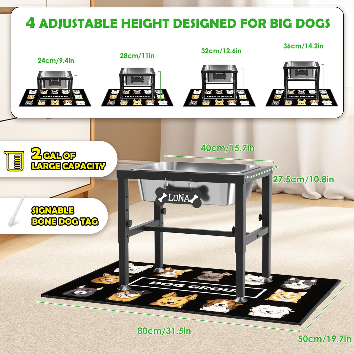 2 Gallon Elevated Dog Water Bowl for Large Breeds (2 GAL Bowl / Height: 9.45-14.2")