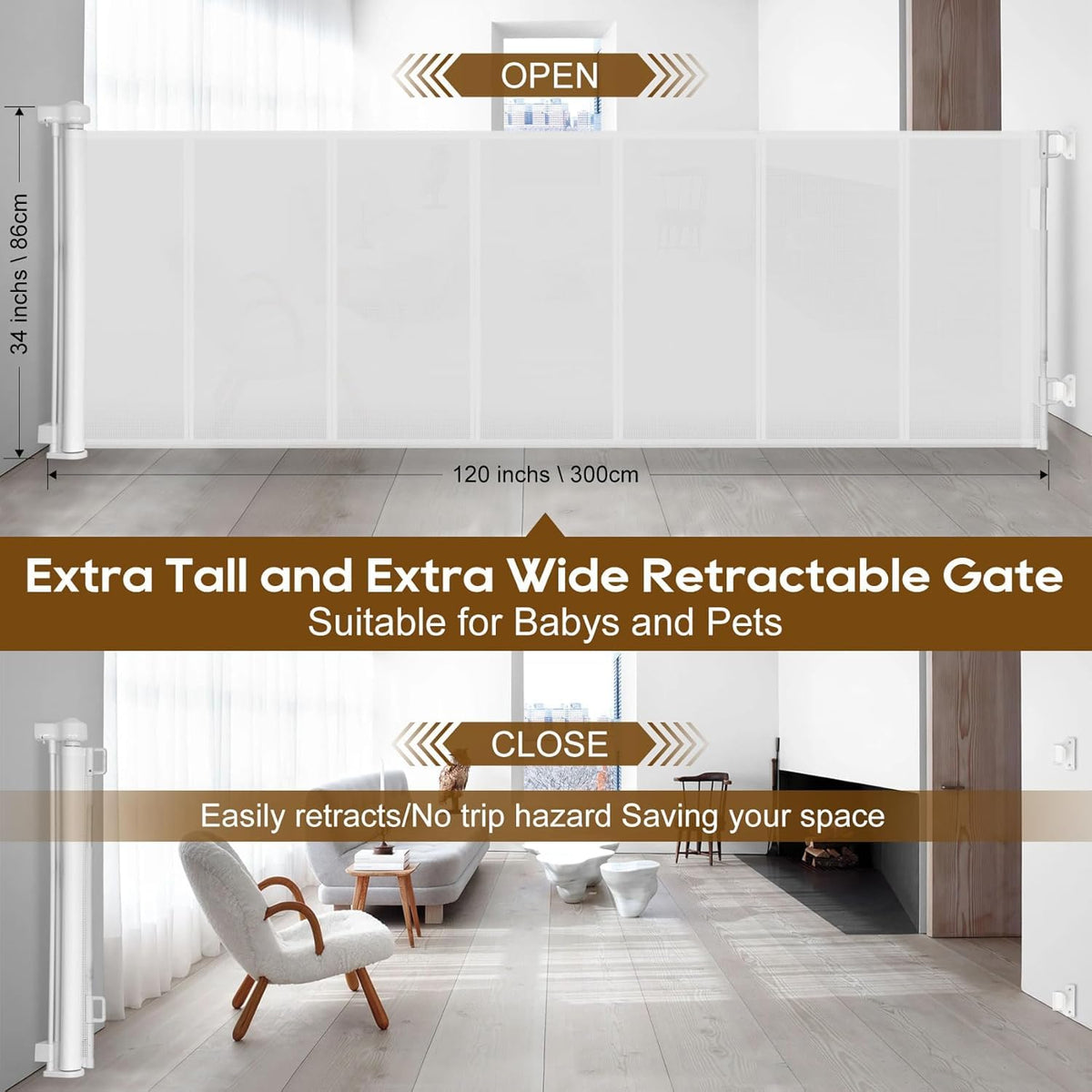 100 inch Reinforced Retractable Baby Gates 34 inch Tall (White / 34" Tall x 100" Wide)