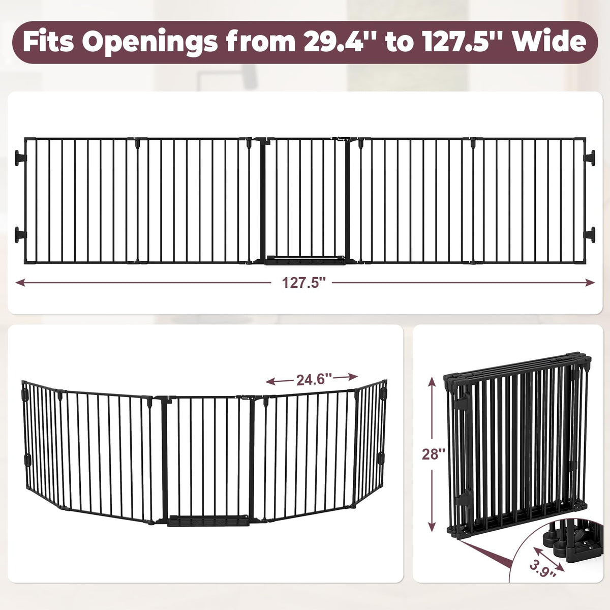 127.5" Wide Configurable Baby Gate for Fireplace Christmas Tree (Black / 127.5" Wide)