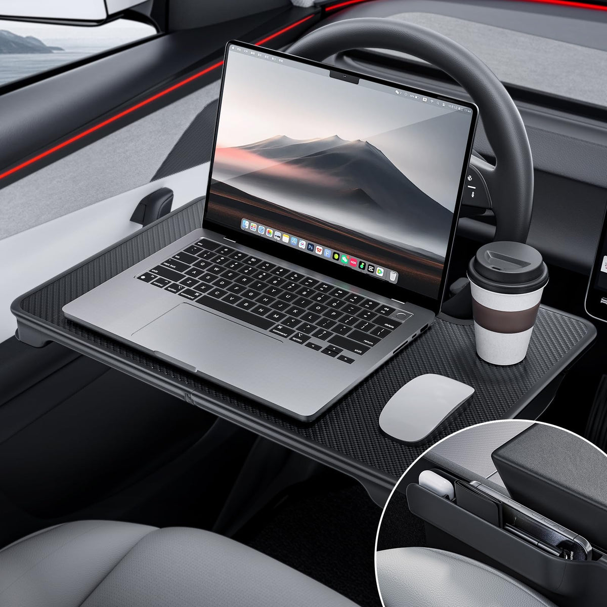 2-in-1 Car Steering Wheel Desk Tray & Car Seat Gap Filler Organizer – Foldable Carbon Fiber Look Table for Laptop, Eating Food, Writing – for Standard Round Steering Wheels (Black)