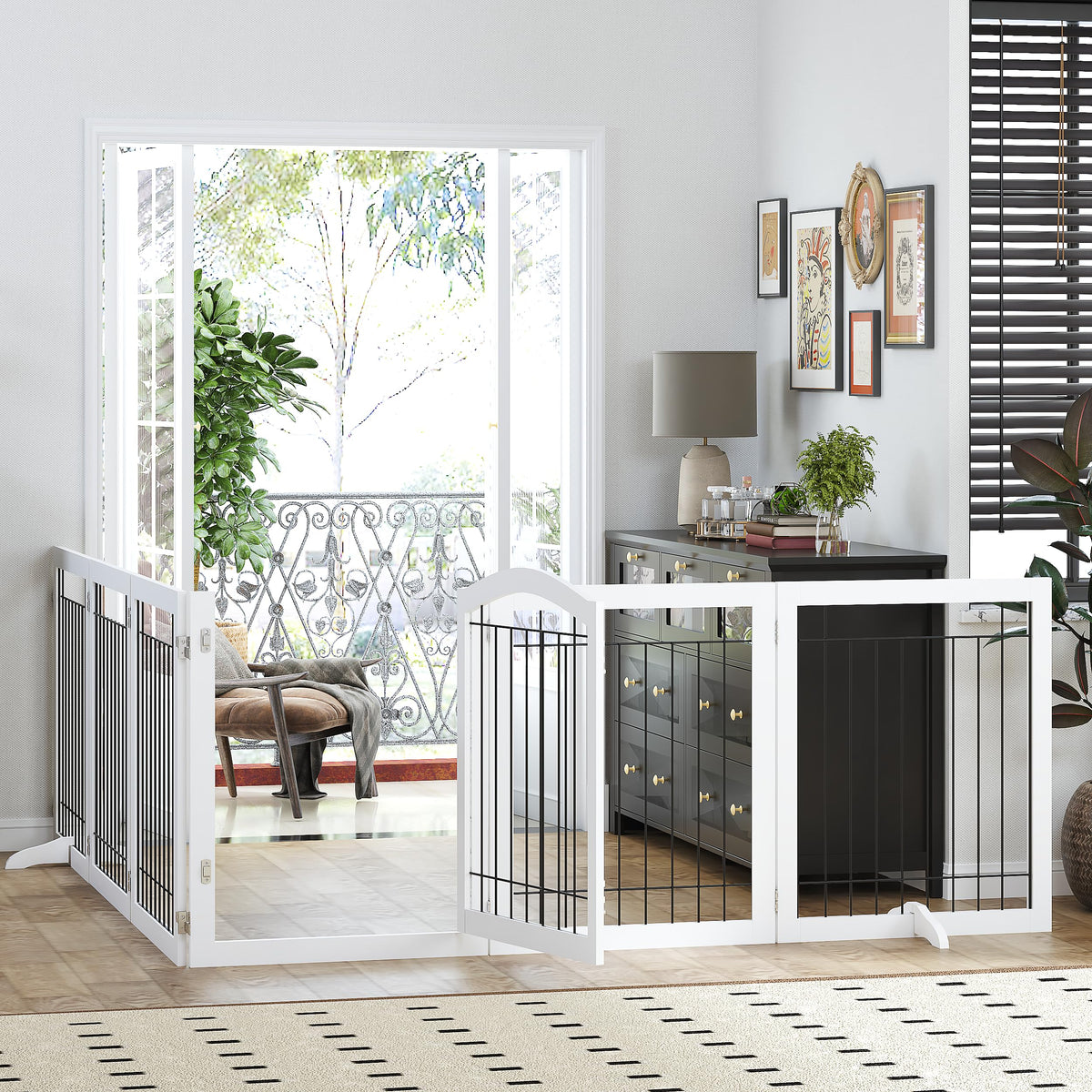 Dog Gate Indoor with Door (White / 【6 Panels with Door】144"W x 32"H)