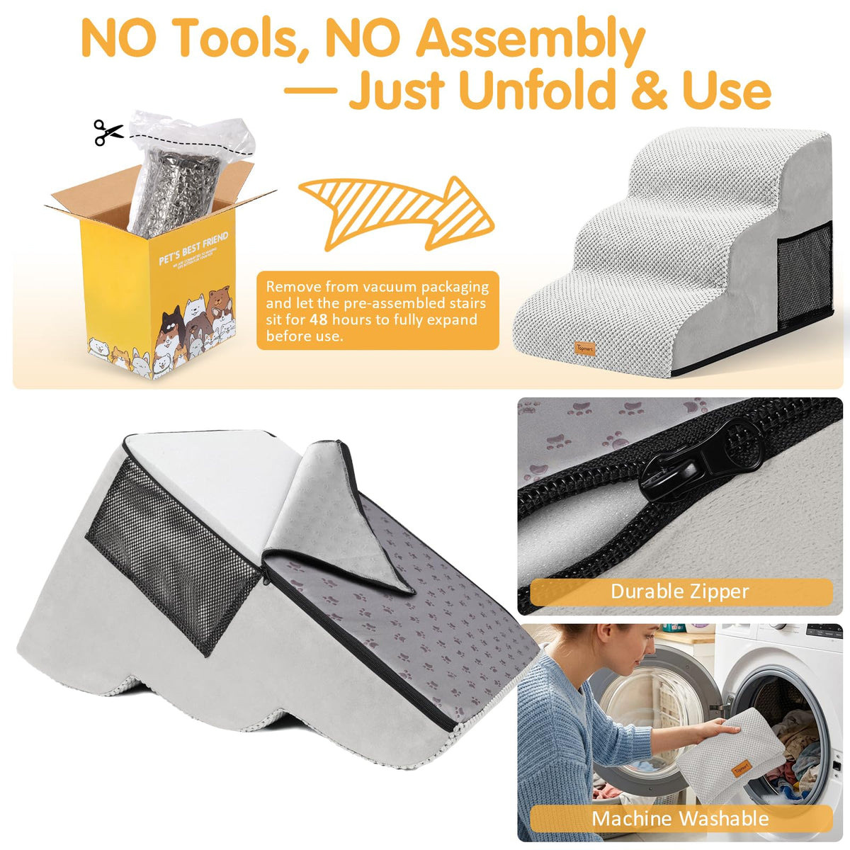 3 Tiers Foam Dog Ramps (Light Grey / 23.6*15.7*15.7)