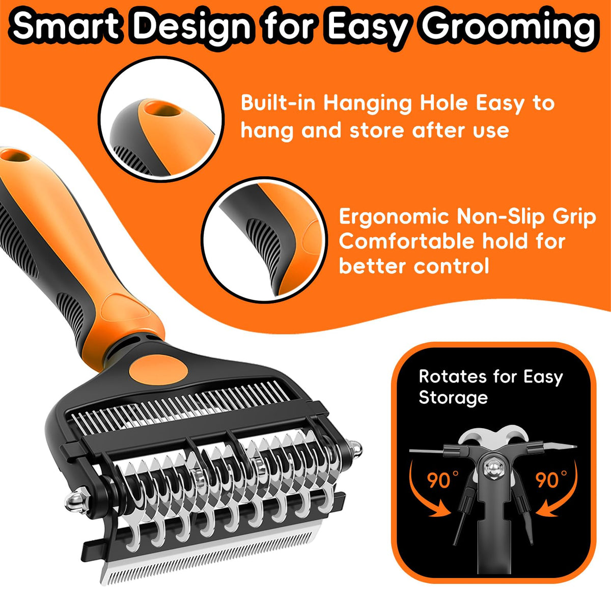3-in-1 Professional Pet Grooming Brush for Dogs & Cats – Dematting Comb, Undercoat Rake & Deshedding Tool for Long & Short Hair, Heavy Shedding & Matted Fur (Organge) (Organge)