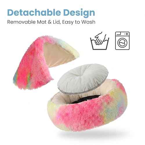 2-in-1 Convertible Cat & Dog Bed Cave with Removable Zipper Hood, Converts to Calming Donut Bed, Reversible Plush & Cooling Ice Silk Cushion (Rainbow Color, 19.7 in Small Size) (Rainbow Color / 19.7 in Small Size)