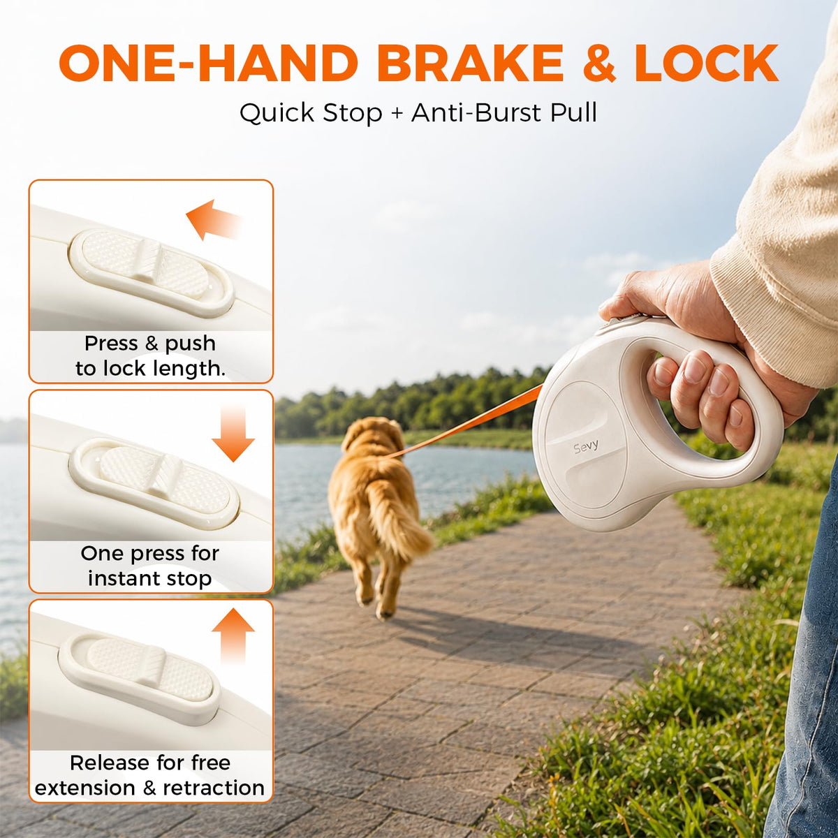 Glowie Retractable Dog Leash with LED Light (LED Light-Ivory-16ft)
