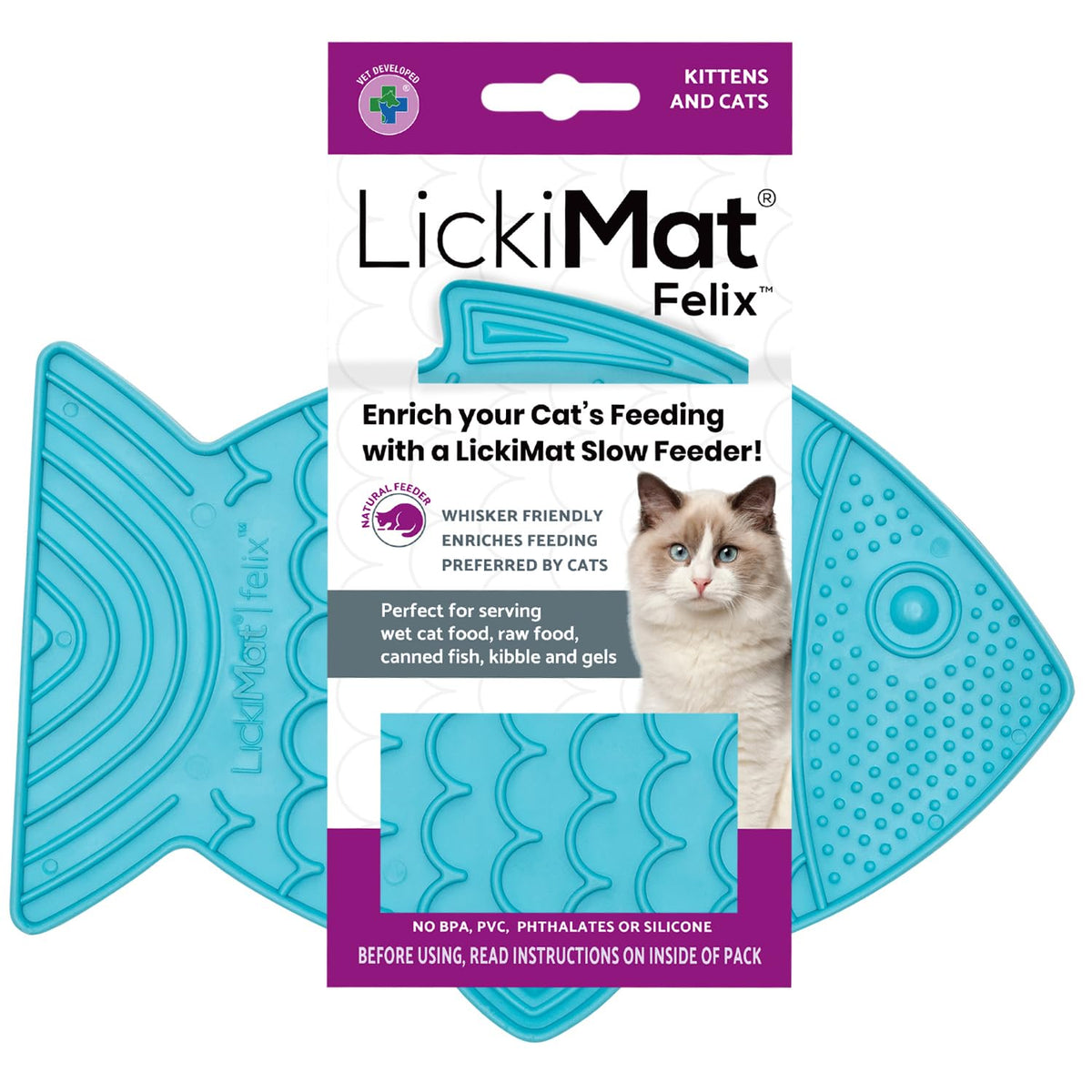 Felix, Fish-Shaped Cat Slow Feeders Lick Mat, Boredom Anxiety Reducer; Perfect for Food, Treats, Yogurt, or Peanut Butter. Fun Alternative to a Slow Feed Cat Bowl or Dish, Turquoise (Turquoise)