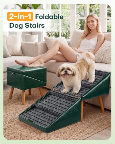 Dog Stairs for Small Dogs Faux Leather Foldable Pet Ramp and Ottoman (Olive Green / XL(17.13”H))