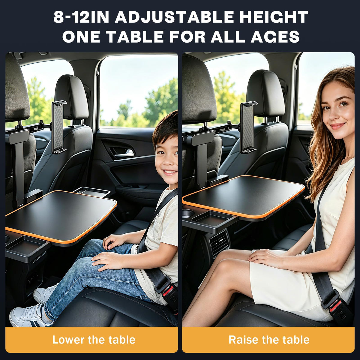 Large Car Tray Table for Back Seat with Adjustable Height (Orange)