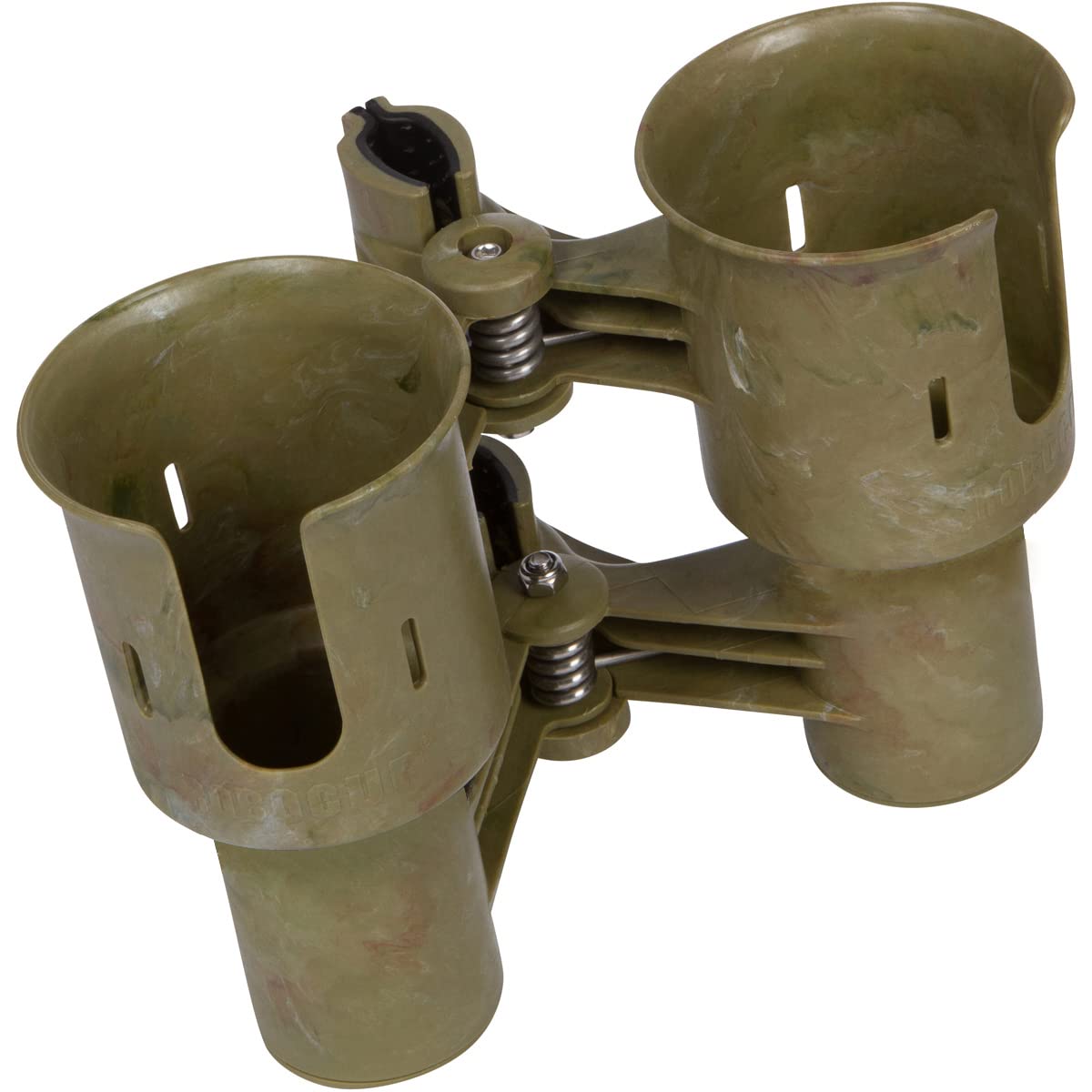 Camo), Patented Boat Cup Holder, Clamp on Portable Storage Caddy Securely Holds 2 Drinks, Fishing Poles, Tools, Marine Gear | Perfect for Boating, Beach Umbrellas, Golf Carts (Camo / Standard Spring)