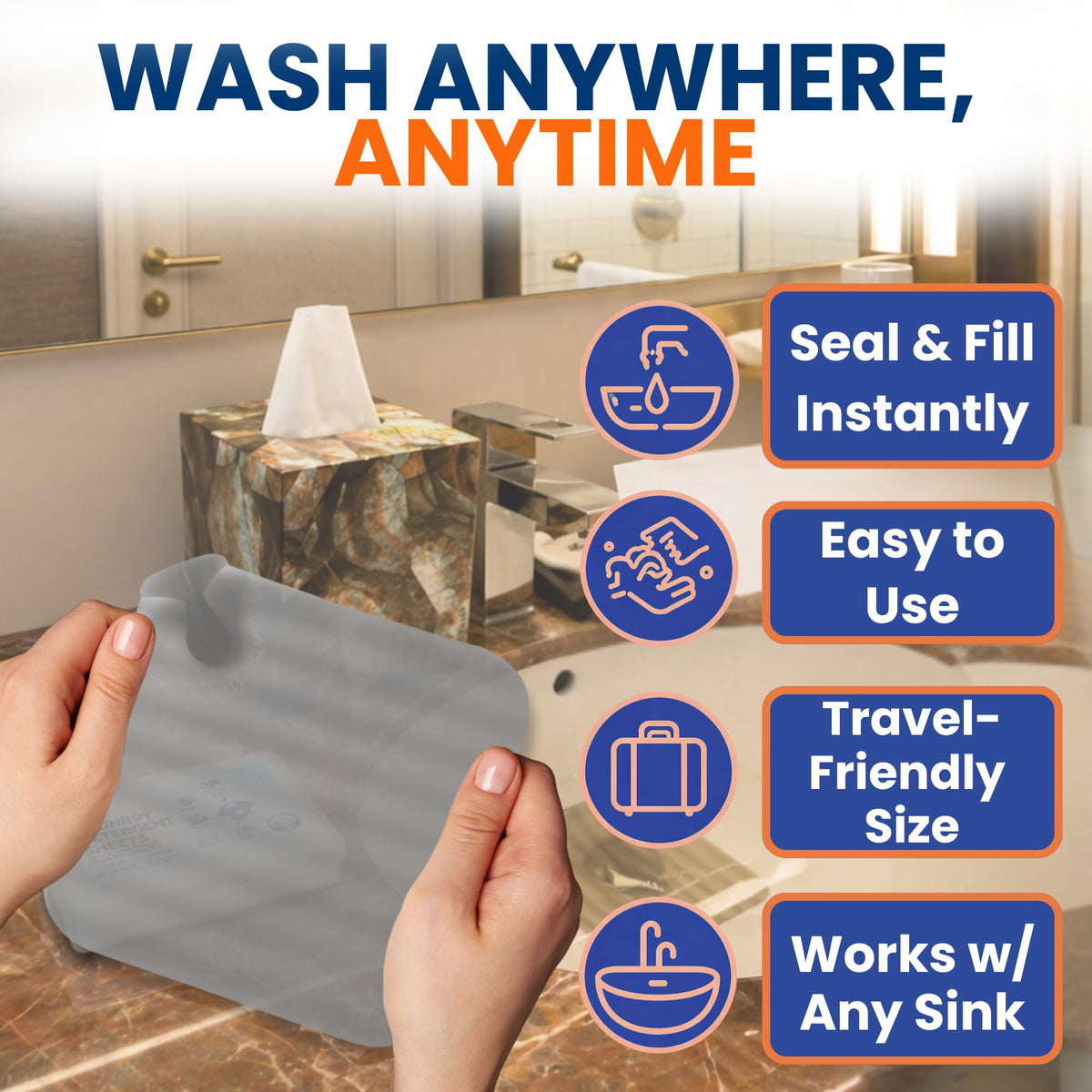 Travel Laundry Detergent Sheets with Universal Sink Stopper (Pocket Sheets (50) + Sink Stopper)