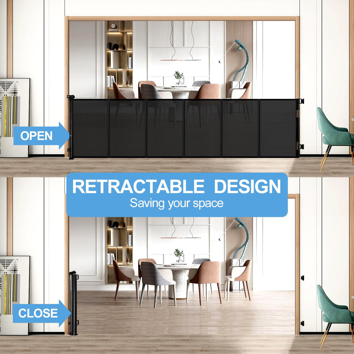 200" Reinforced Retractable Baby Gate (Black / 42x200 Inch)