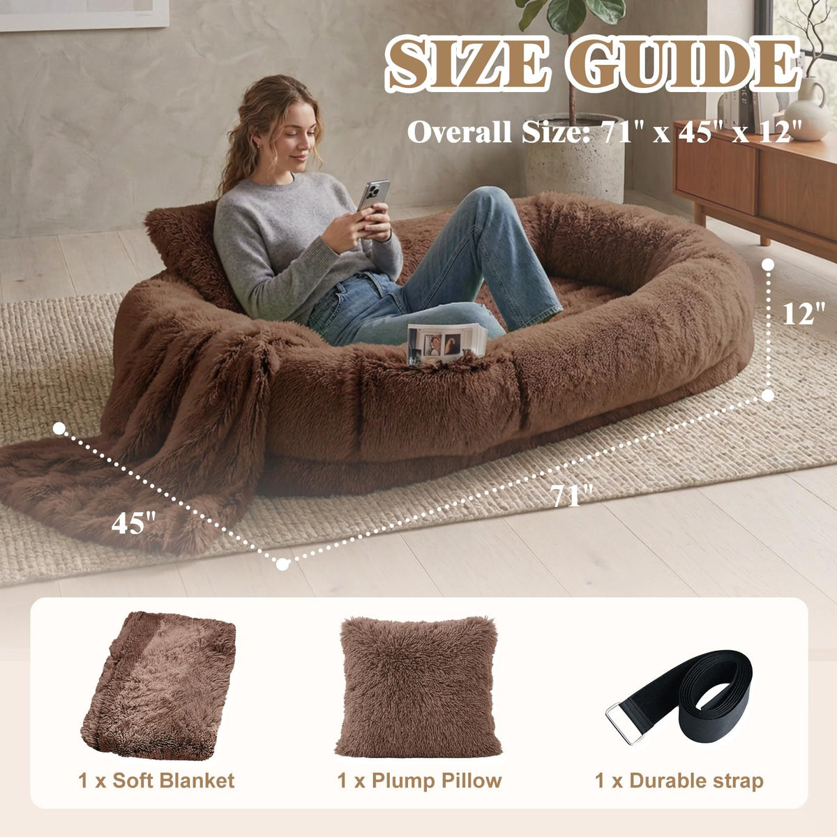 Human Dog Bed for Adult (71.0"L x 45.0"W x 12.0"Th / Coffee)