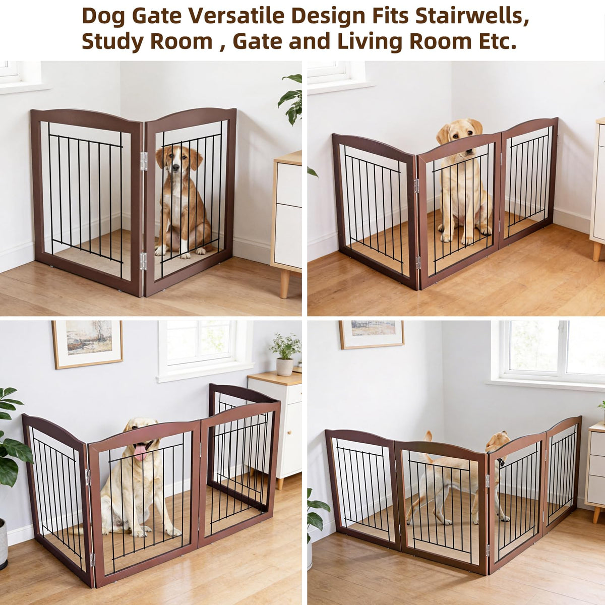 Freestanding Foldable Dog Gate for House Extra Wide Wooden Indoor Puppy Gate Stairs Doorways Pet Gate Tall Dog Fence 2 Panels Fence Brown (Brown / 【2 Panels】40''w x 32''h)