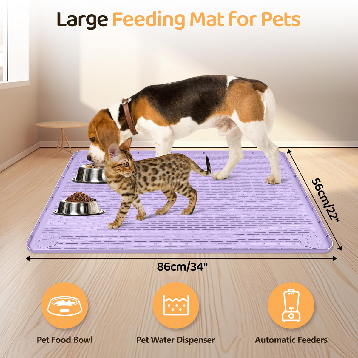 Dog Food Mat 34''x22'' Extra Large Dog Mat for Food and Water (34"L x 22"W / Purple)