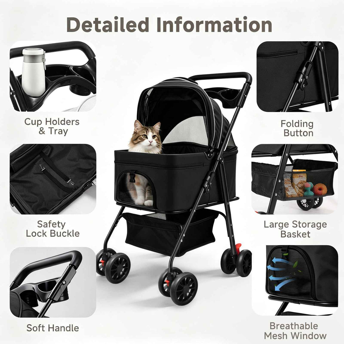 Pet Stroller for Small Dogs and Cats with 4 Wheels (Black)