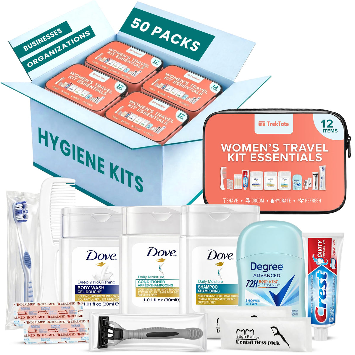 Bulk Hygiene Kits for Women Premium Name Brand Outreach Supplies (50 Pack)