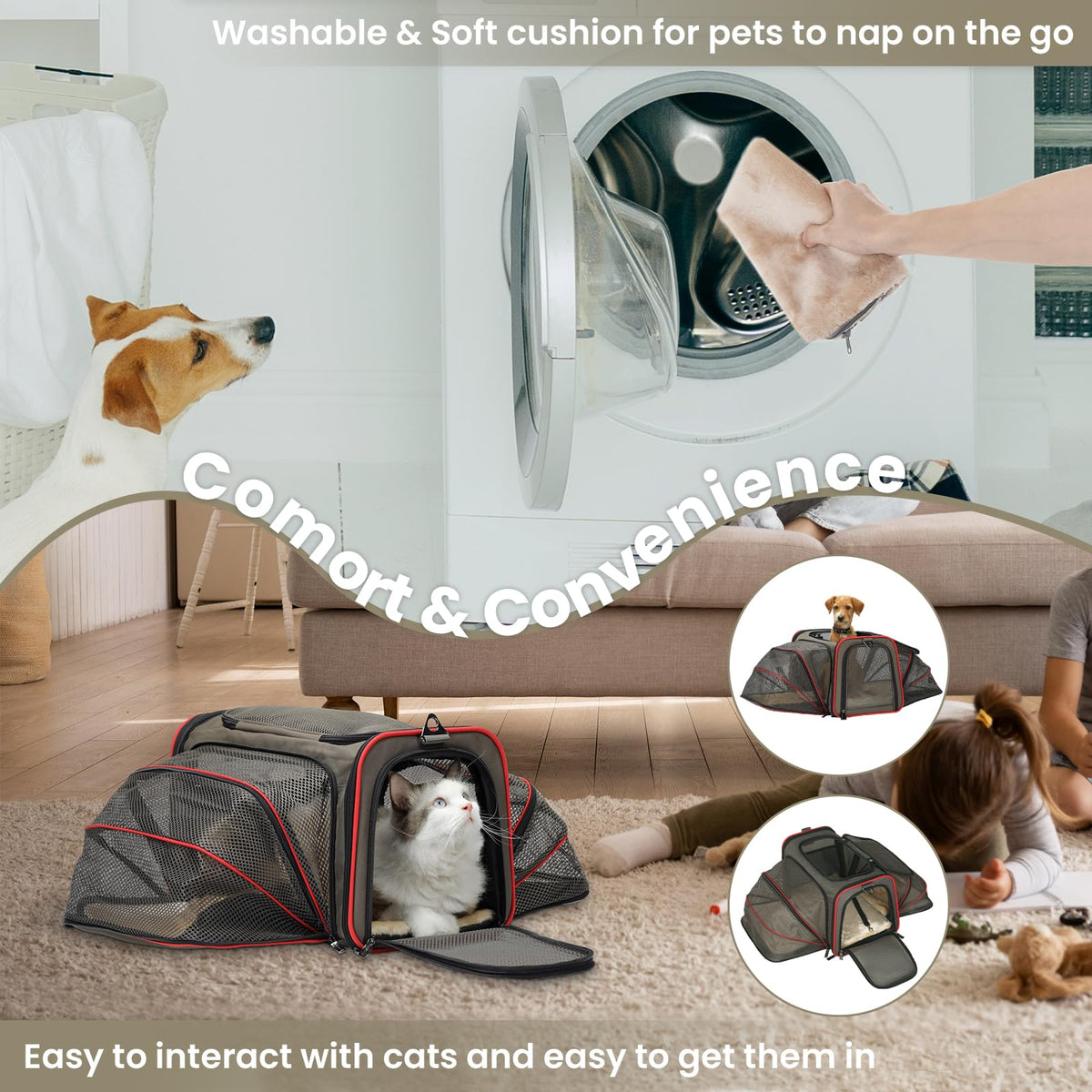Expandable Cat Dog Carrier for 2 Cats (19"L x 12"W x 12"H / Brown)