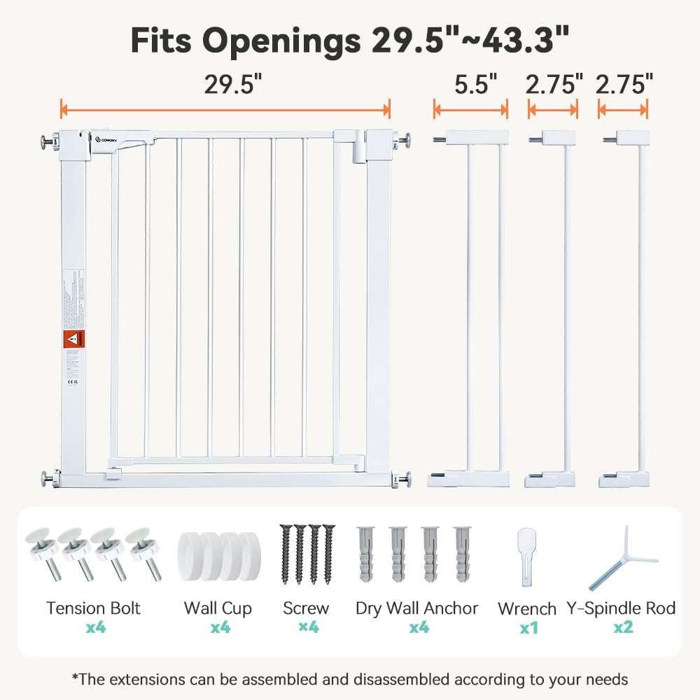 30" Tall Baby Gate for Stairs Doorways (30"Tall 43.3"Wide / White)