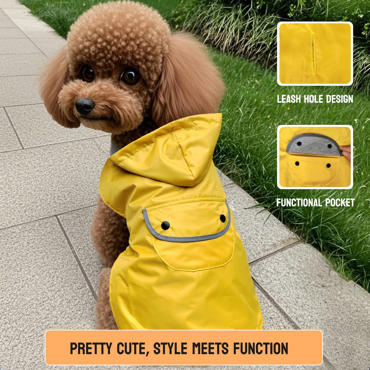 Dog Raincoat Dogs Rain Jacket Reflective Poncho Waterproof Pet Clothes Lined Rainwear Pocket Hooded Leash Hole Adjustable for Small Medium Dogs Puppy (Yellow / M:Back Length 10.5")