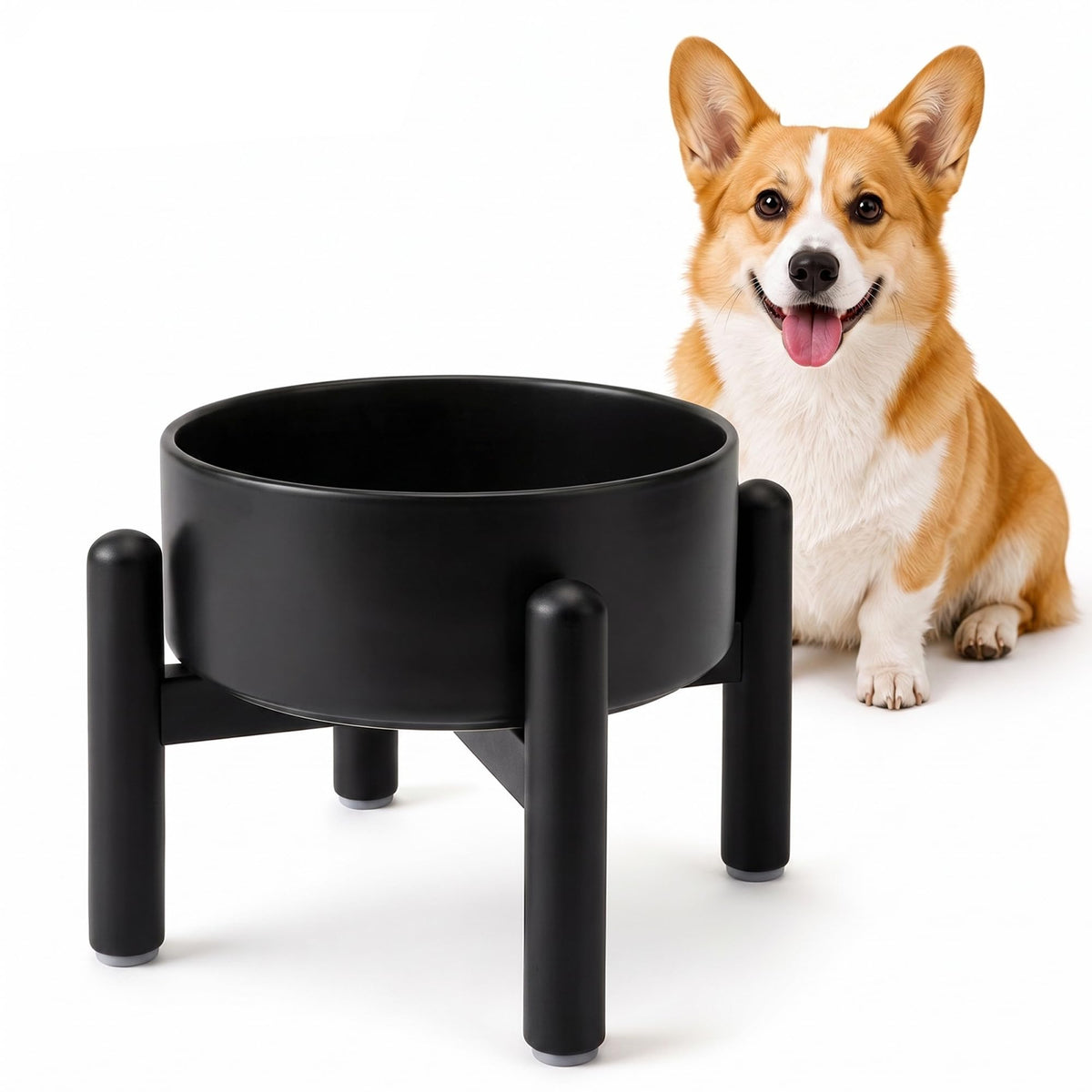 Raised Ceramic Dog Bowl Set with Stand (Black / 1 Bowl - 3.5 Cups)