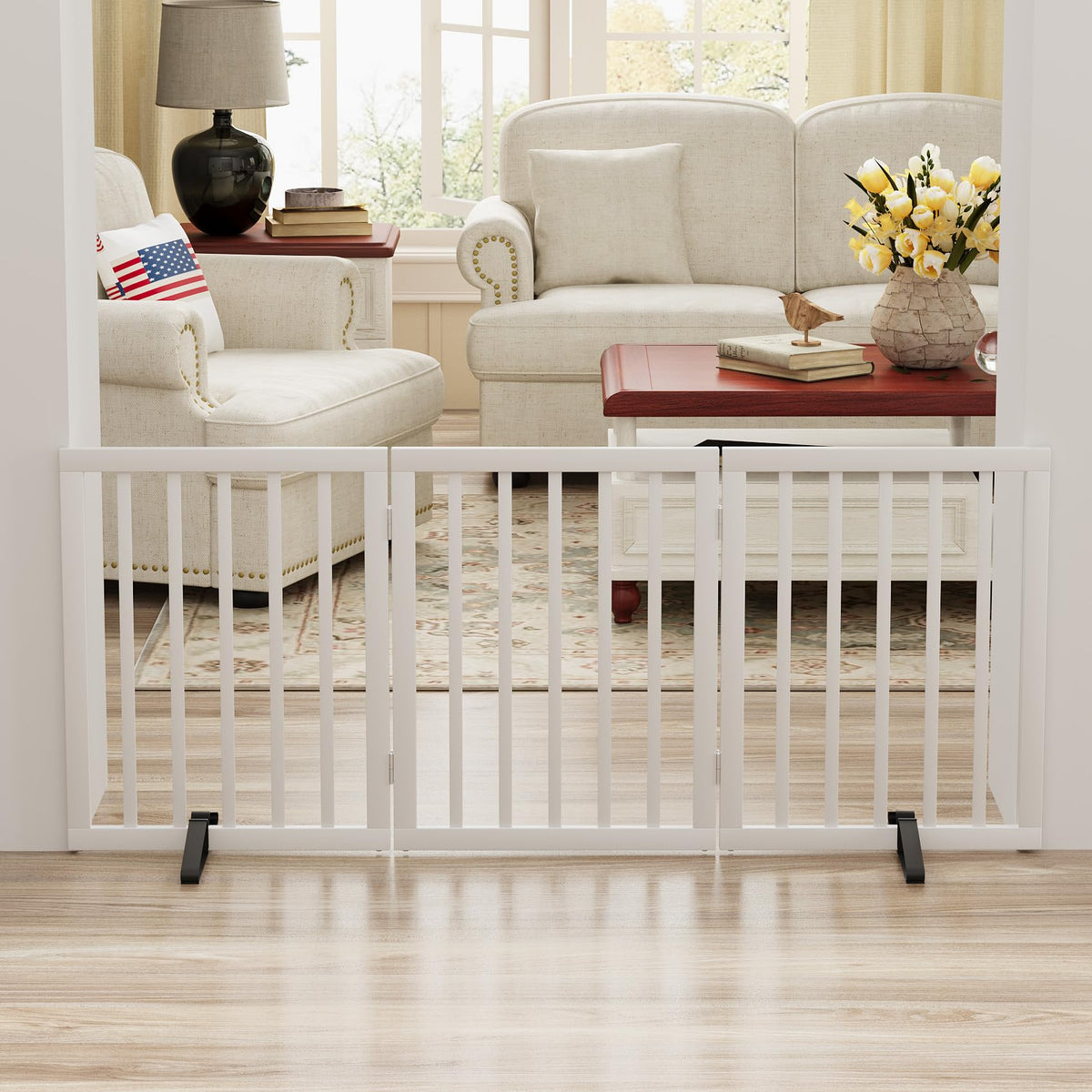 White 18 55" Wide Pet Gate (Bamboo Dog Gate White / 3 Panel - 55 inches Wide)