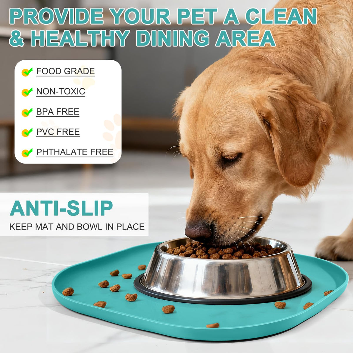 Waterproof Silicone Pet Food Mat with Raised Edge for Dog & Cat (Dark Turquoise / 12"L x 12"W)