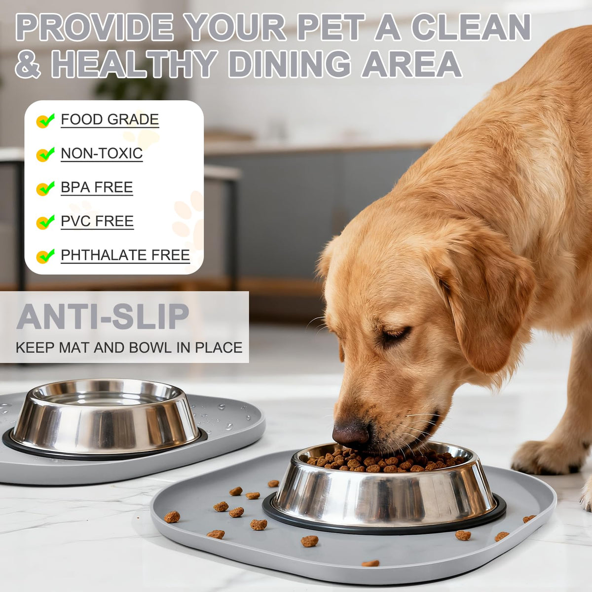 Waterproof Silicone Pet Food Mat with Raised Edge for Dog & Cat (12"L x 12"W / Light Gray)
