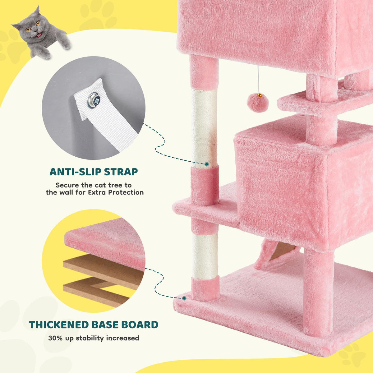 54 inch Cat Tree Tower with Scratching Posts (Pink / 54×19.7×19.7IN)
