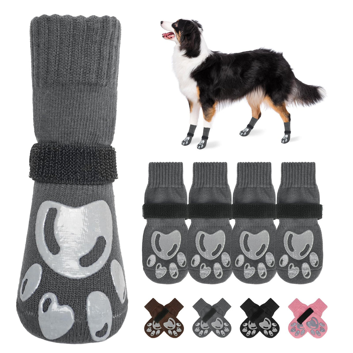 Dog Socks to Prevent Licking Paws Double Sided Grip Traction (Grey(paw) / M(2.1"-2.55" W | Pack of 4))