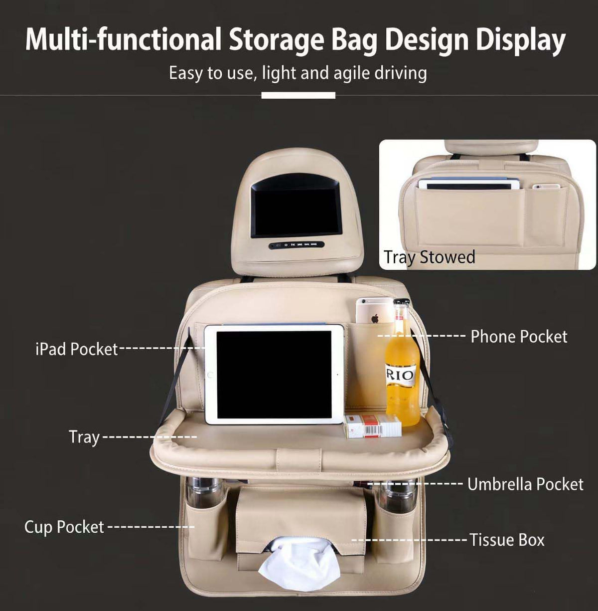 Premium PU Leather Backseat Seat Organizer with Foldable Table (2 Pack / Beige)