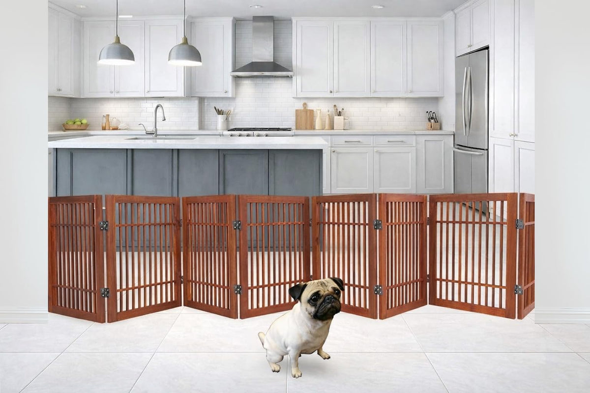 Freestanding Wooden Dog Gate Foldable Indoor Pet Gate No Drill Expandable Barrier for Doorways Stairs Hallways Portable Wood Fence for Small Dogs & Puppies (8 Panel 24" Tall / Brown Pet Gate)