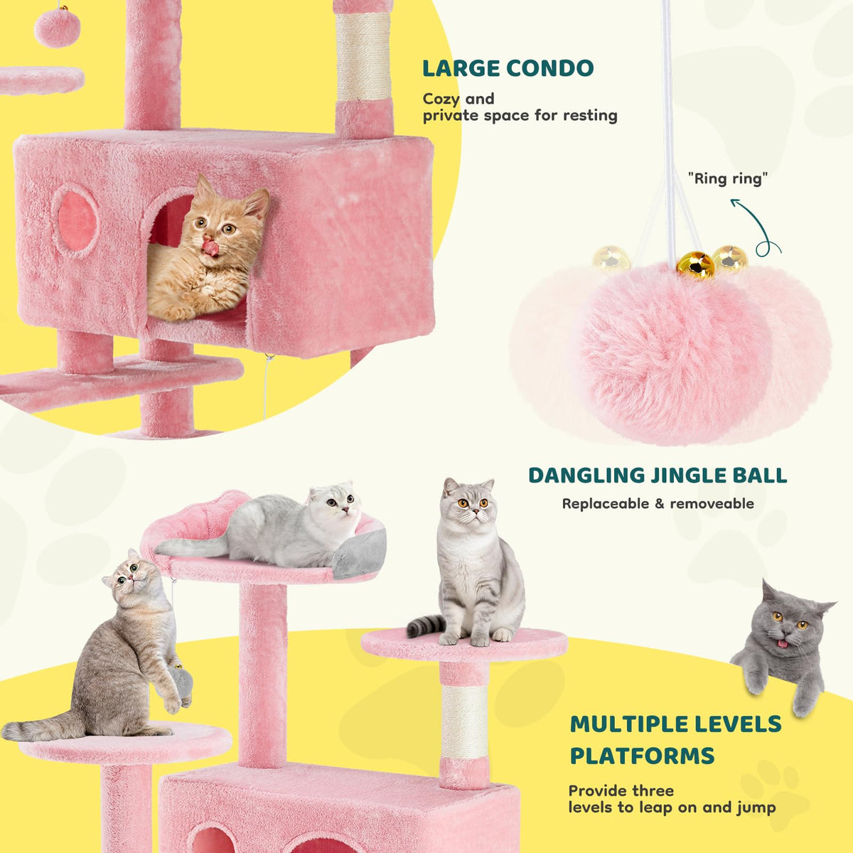 54 inch Cat Tree Tower with Scratching Posts (Pink / 54×19.7×19.7IN)