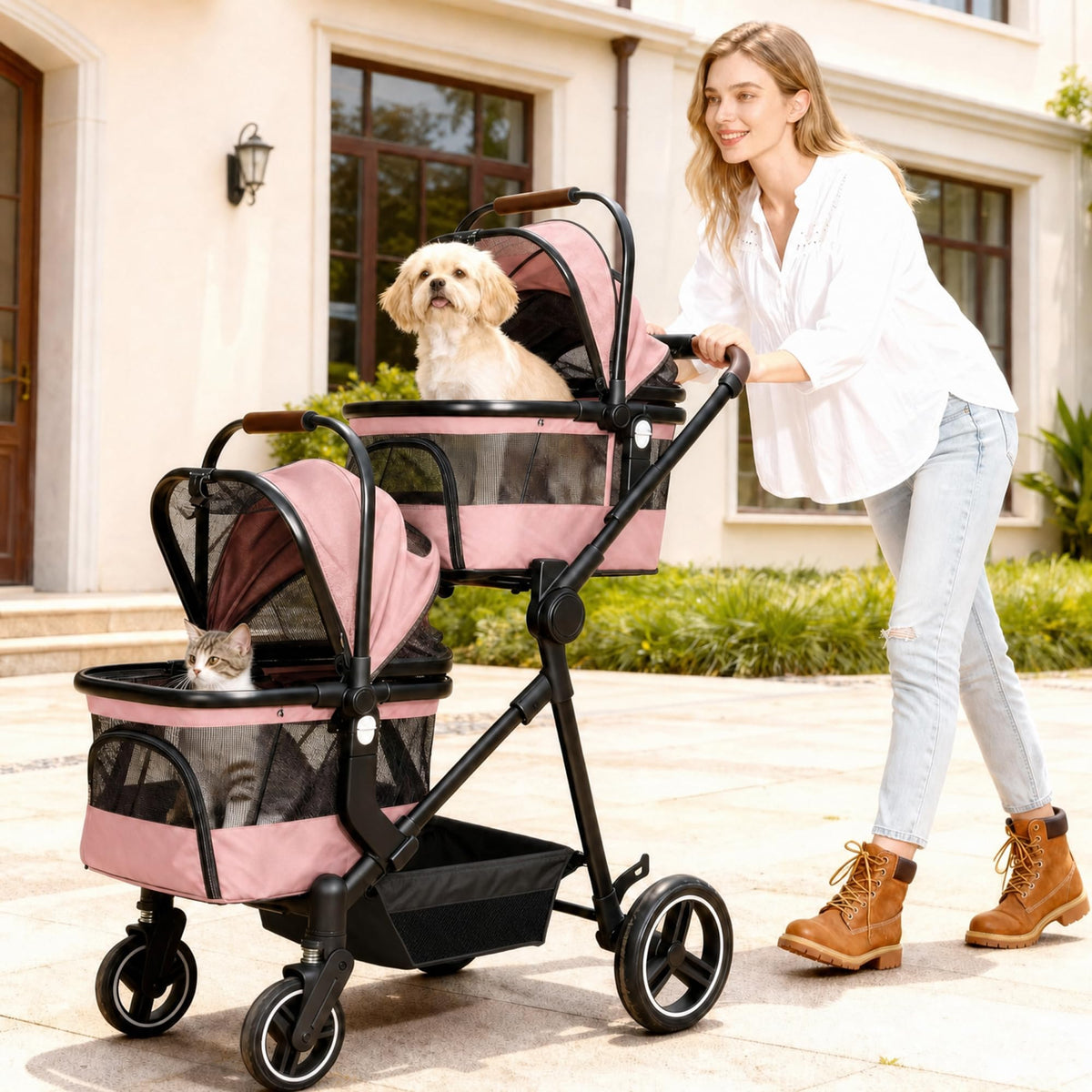 Foldable Double Pet Stroller for 2 Small Medium Cats Dogs (Pink / Double)